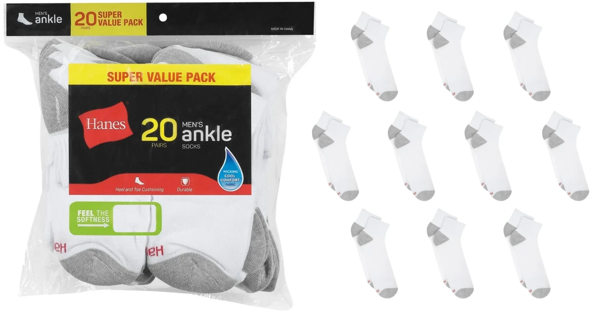 Hanes Men's Ankle Socks 20Pk at Walmart